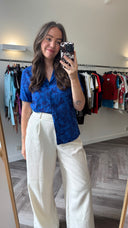 Kobaltblauwe bloemenprint blouse - M